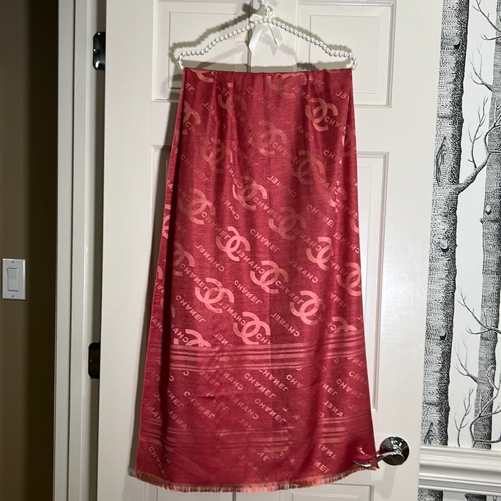 CHANEL CC PRINT CORAL PINK TWO TONE CASHMERE SILK SCARF